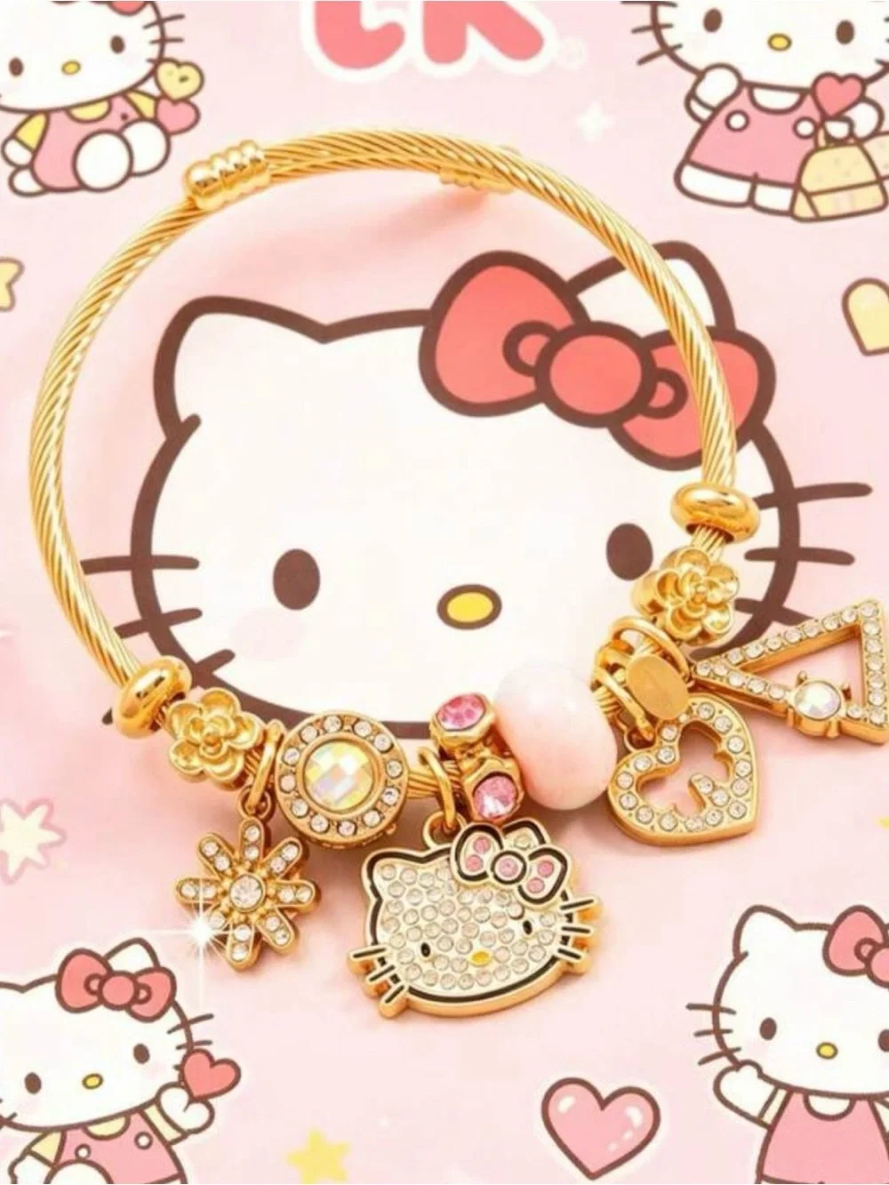 Sanrio Hello Kitty Gold and Pink Crystal Charm Bangle
